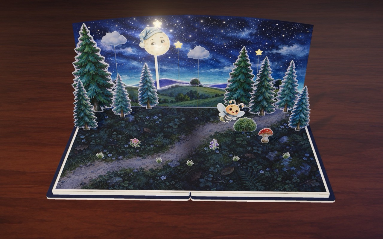 The moon rising over a pop-up paper forest.